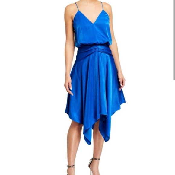 NWT Aiden Mattox Royal Blue Shirred Waist Satin Blouson Dress - Picture 1 of 4